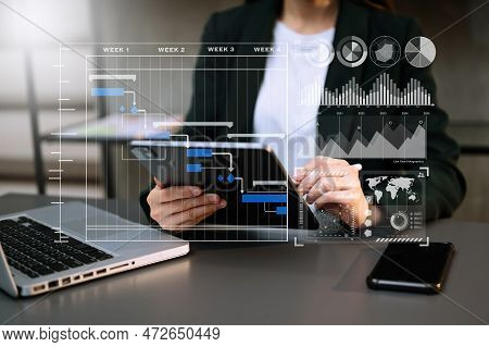 Businessman Hand Project Manager Working And Update Tasks And Gantt Chart Scheduling Virtual Diagram