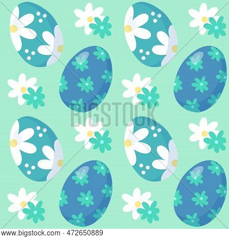 Pattern Seamless With Blue Easter Eggs And Flowers. Happy Easter Holiday Elements. Spring Easter Pat