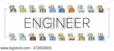 Engineer Technology Work Man Icons Set Vector. Engineering Worker, Mechanical Industry, Gear Constru