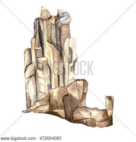 Rocks Stone Vintage Style Watercolor Illustration Isolated On White Background.