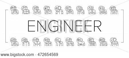 Engineer Technology Work Man Icons Set Vector. Engineering Worker, Mechanical Industry, Gear Constru