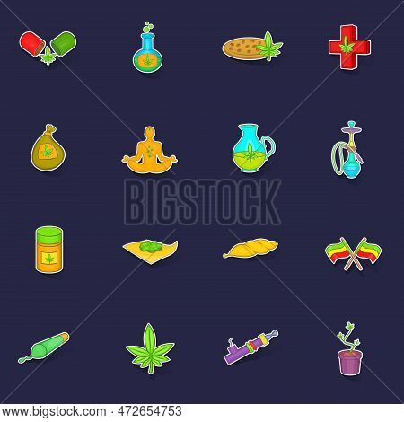 Medical Marijuana Icons Set Stikers Collection Vector With Shadow On Purple Background