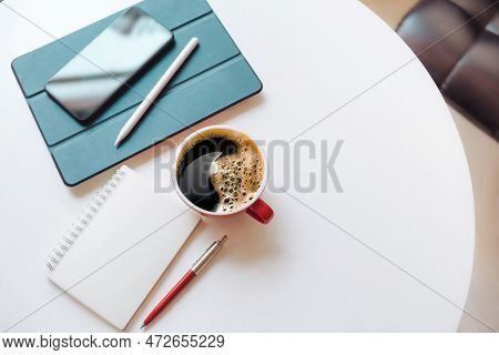 Top View, Desk Work Coffee Cup With Smart Phone And Tablet Computer, Notebook, Pen On White Table, F