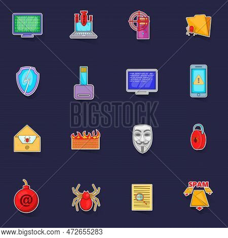Computer Security Icons Set Stikers Collection Vector With Shadow On Purple Background