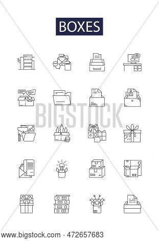 Boxes Line Vector Icons And Signs. Cartons, Containers, Crates, Cases, Packets, Pouches, Compartment