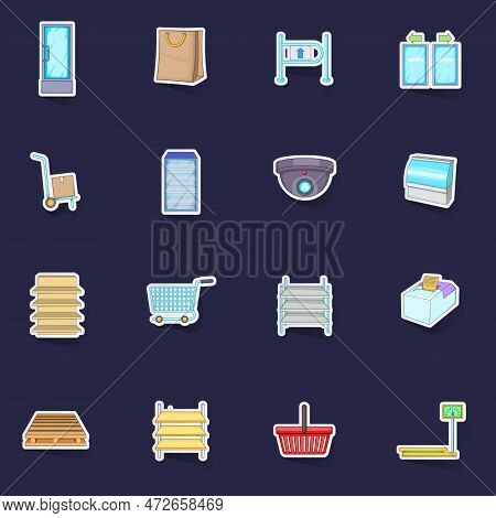 Supermarket Icons Set Stikers Collection Vector With Shadow On Purple Background