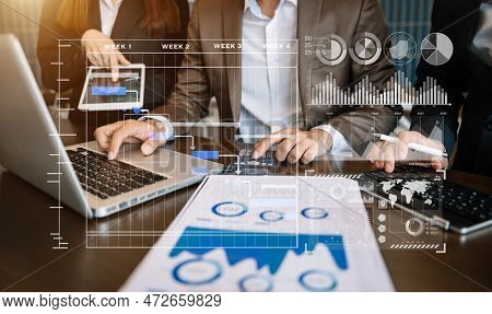 Businessman Hand Project Manager Working And Update Tasks And Gantt Chart Scheduling Virtual Diagram