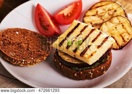 Vegetarian Burger With Grilled Cheese, Eggplant And Pesto