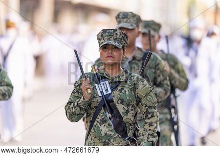 Matamoros, Tamaulipas, Mexico - September 16, 2022: Desfile 16 De Septiembre, Mexican Navys Marching