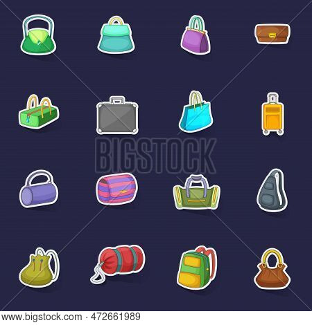 Different Bagage Icons Set Stikers Collection Vector With Shadow On Purple Background