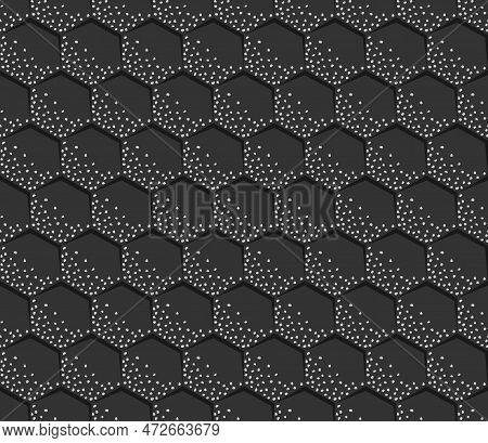 Marble Stone  Black Ceramics Flooring. Cobblestone Road With Mosaic Hexagon Blocks. Grunge White Spe