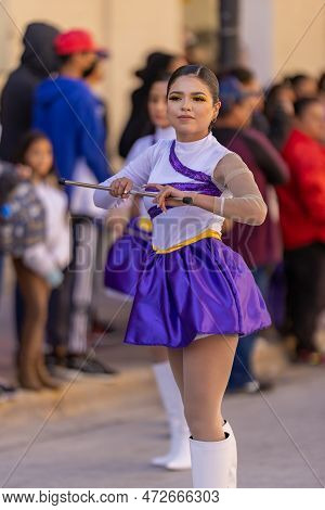 Matamoros, Tamaulipas, Mexico - November 26, 2022: The Desfile Del 20 De Noviembre, Cheerleader Team