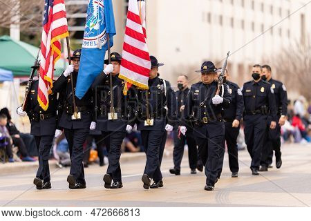 Laredo, Texas, Usa - February 19, 2022: The Anheuser-busch Washington's Birthday Parade, Members Of 