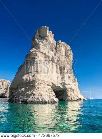 Kleftiko Bay, A Scenic Attraction With White Volcanic Rocks And Caves. Milos Island, Greece