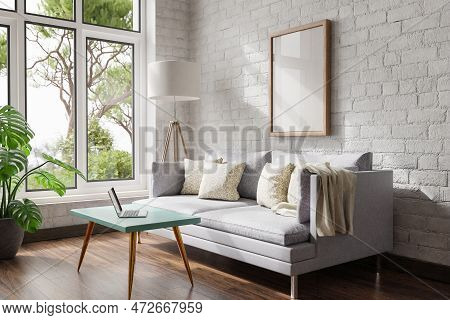 Cozy Living Room Interior In Room Corner; Sunlight Shining Trough Window; Floorlamp And Couch Table 
