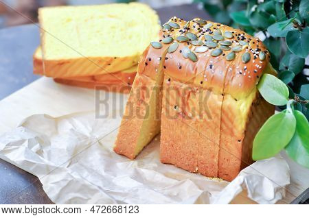 Bread , Pumpkin Bread Or Loaf Of Bread Or Sliced Bread Or Cut Bread With Pumpkin Seed And Sesame Top