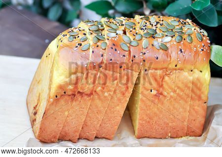 Bread , Pumpkin Bread Or Loaf Of Bread Or Sliced Bread Or Cut Bread With Pumpkin Seed And Sesame Top