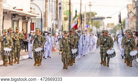 Matamoros, Tamaulipas, Mexico - September 16, 2022: Desfile 16 De Septiembre, Mexican Navys Marching
