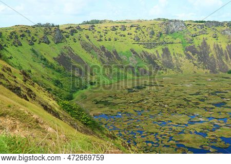 Amazing Crater Lake Of Rano Kau Volcano View From Orongo Ceremonial Village, Unesco World Heritage S