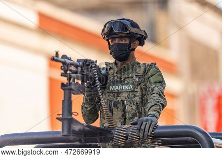 Matamoros, Tamaulipas, Mexico - September 16, 2022: Desfile 16 De Septiembre, Member Of The Navy Han