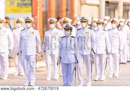 Matamoros, Tamaulipas, Mexico - September 16, 2022: Desfile 16 De Septiembre, Mexican Navy Members M