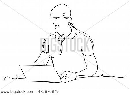 The Guy Works At The Laptop In One Line On A White Background. Stock Vector Illustration Of A Busy F