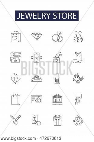 Jewelry Store Line Vector Icons And Signs. Store, Diamonds, Rings, Necklaces, Earrings, Bracelets, C