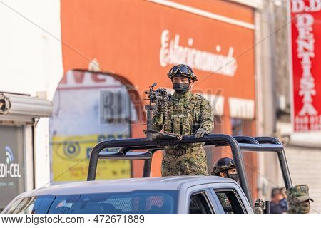Matamoros, Tamaulipas, Mexico - September 16, 2022: Desfile 16 De Septiembre, Member Of The Navy Han