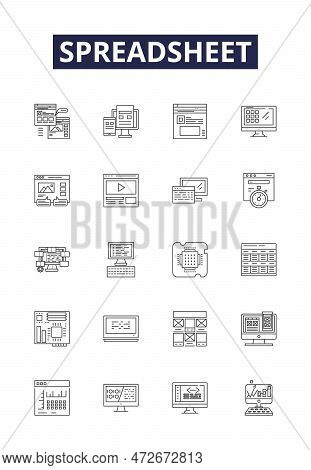 Spreadsheet Line Vector Icons And Signs. Data, Table, Calculation, Calc, Sheet, Formulas, Grid, Char