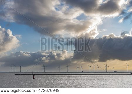 Estuary Arm Oosterschelde With View To The Wind Turbines Of The Oosterschelde Barrage Near Zierikzee