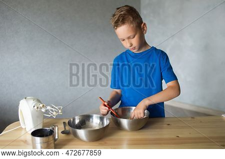 Blue T-shirt, Cooking, Two Bowls, Metal Bowls, Pizza Dough, Mix Ingredients, Kitchen Work, Wooden Ta