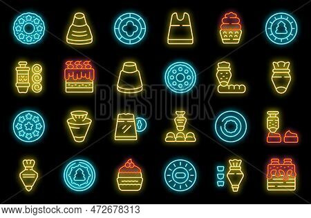 Icing Nozzles Icons Set Outline Vector. Cake Decoration. Icing Bakery Neon Color On Black Isolated