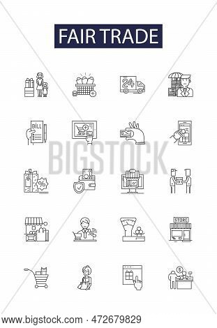 Fair Trade Line Vector Icons And Signs. Trade, Concept, Business, Crowd, Show, Expo, Hall, Exhibitio
