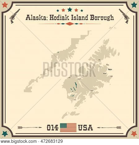 Large And Accurate Map Of Kodiak Island Borough, Alaska, Usa With Vintage Colors.