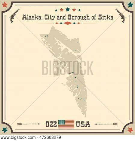 Large And Accurate Map Of City And Borough Of Sitka, Alaska, Usa With Vintage Colors.