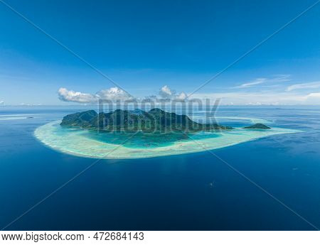 Top View Of Tropical Islands And Blue Sea Against The Sky And Clouds. Tun Sakaran Marine Park, Sabah