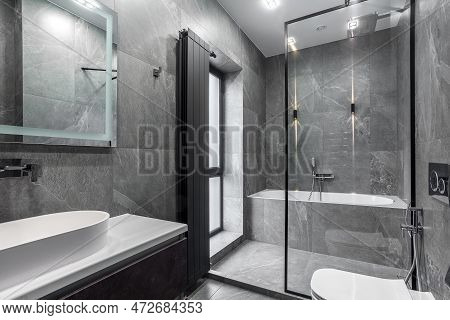 Modern Furnished Bathroom Dark Grey Interior Design With Granite Tiles