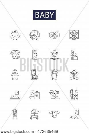 Baby Line Vector Icons And Signs. Toddler, Newborn, Baptism, Crib, Pacifier, Diaper, Crad, Outline V