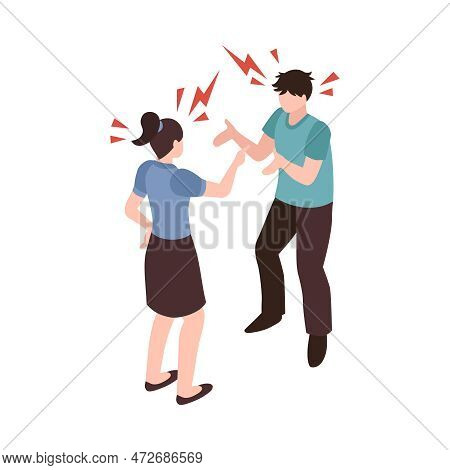 Isometric Partners Husband Wife Conflict Quarreling Family Domestic Abuse Composition Vector Illustr