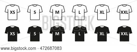 T-shirt Size Black Silhouette And Line Icons Set. Human Clothing Size Label. Man Or Woman T-shirt Si