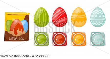 A Set Of Easter Eggs With Paints And A Bag Of Egg Paint. Concept For Goods. Draw With Gouache, Water