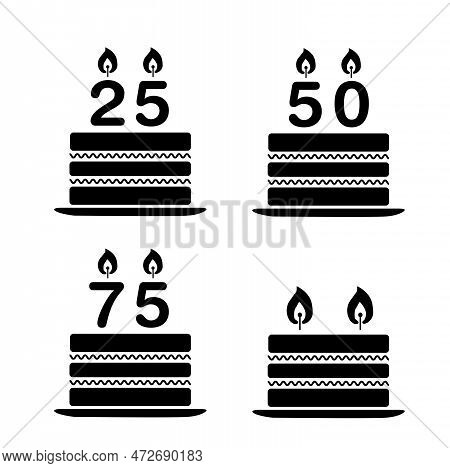 Four Black Aniversary Cakes On A White Background With Copy Space