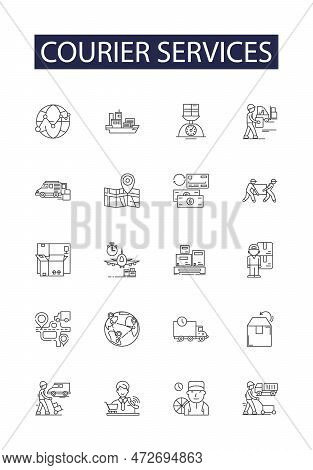 Courier Services Line Vector Icons And Signs. Delivery, Services, Shipping, Parcels, Packages, Sendi