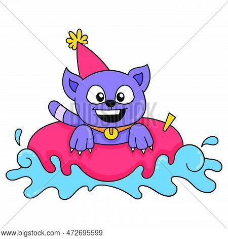Cat Is Having A New Year Party Swimming, Vector Illustration Art. Doodle Icon Image Kawaii.