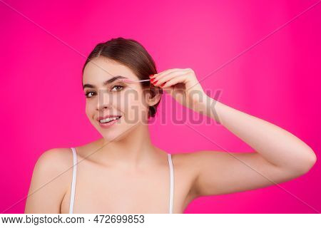 Beautiful Woman With Mascara Eyebrows Hold Eyebrow Brush. Eyebrows Lamination. Brow Beauty Procedure