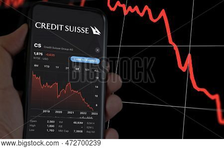 New York, Us, March 2023: Hand Holding A Phone With The Performance Of Credit Suisse On Stock Market