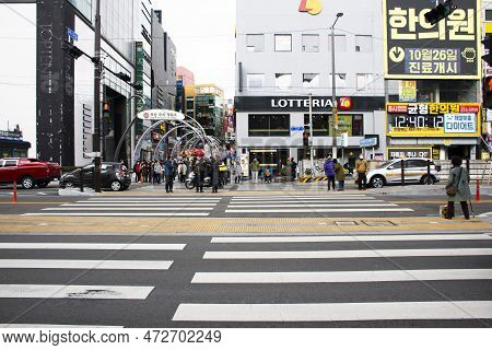 Landscape Cityscape Nampodong City With Korean People And Foreign Travelers Walk And Wait Crossing T
