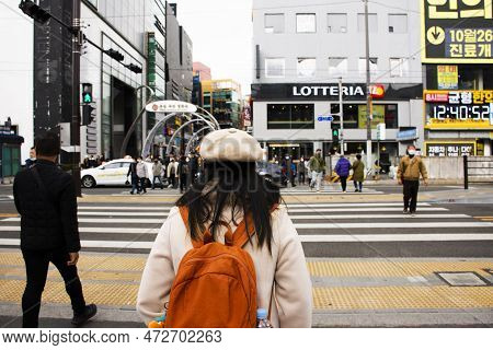 Landscape Cityscape Nampodong City With Korean People And Foreign Travelers Walk And Wait Crossing T