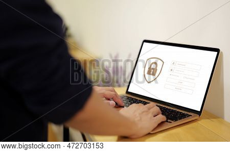 Businessman Is Logging In With A Username And Password. Cybersecurity Concept, Data Protection, Info