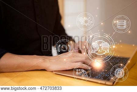 Ai, The Concept Of Artificial Intelligence Use Analytics, Automation, And An Autonomous Brain. Big D